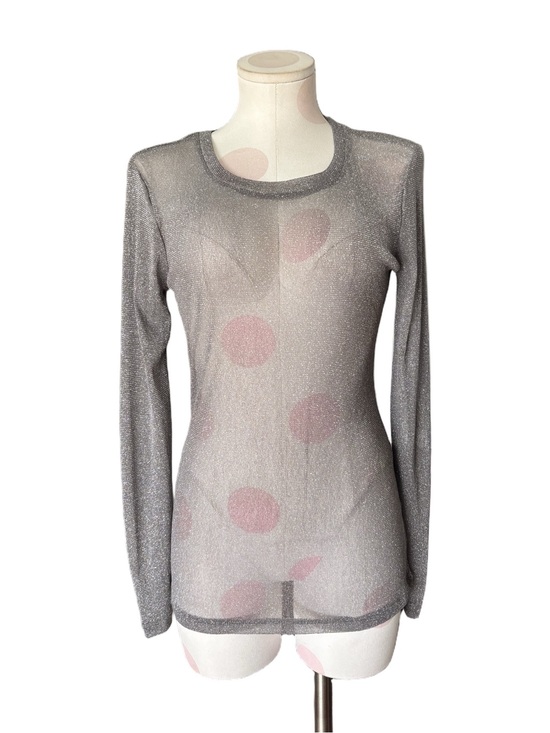 Poof! Tops - Sheer Metallic Shimmer Top - Silver Lurex Knit - Long Sleeve - small